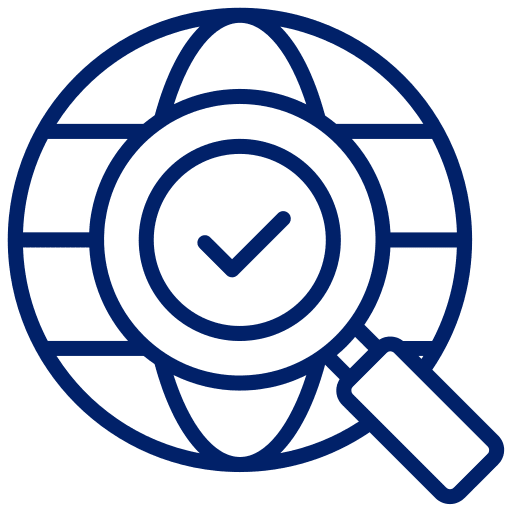 Globe with magnifying glass and checkmark