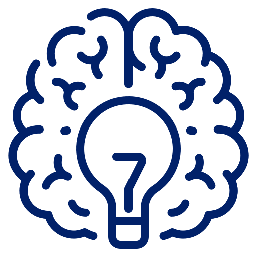 Blue brain with lightbulb icon
