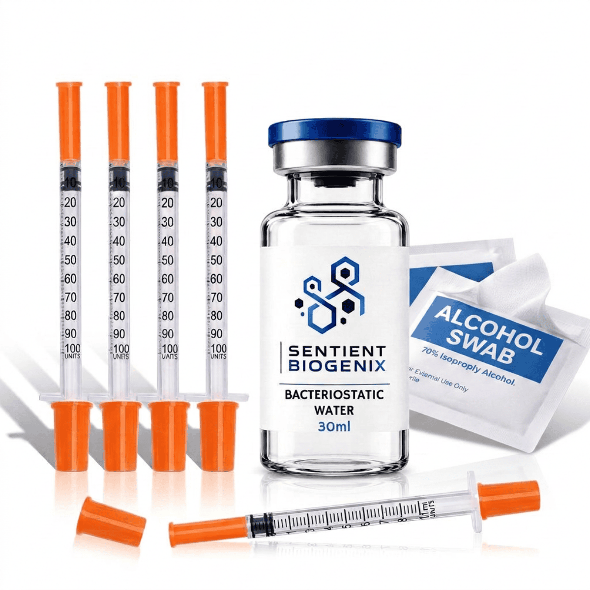 Sentient Biogenix Research Starter Kit: a 30 ml bacteriostatic water vial with insulin syringes and alcohol swabs